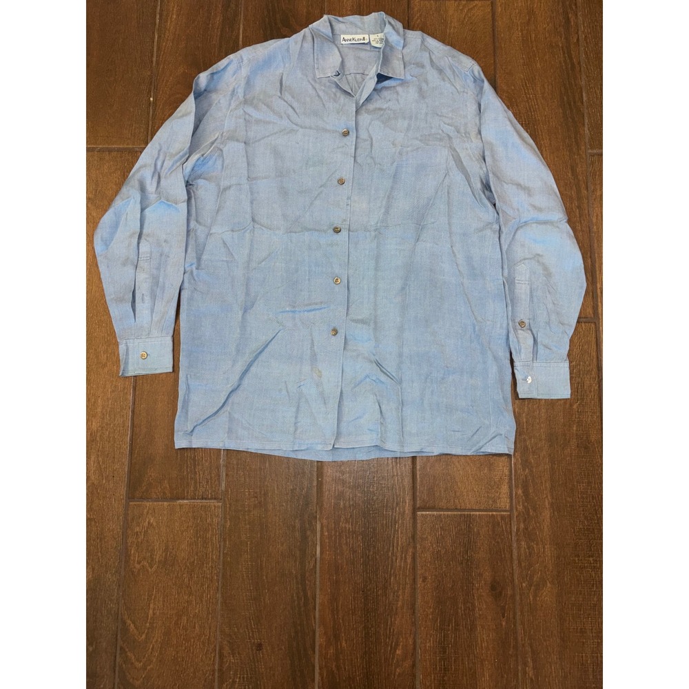 Anne Klein II Silk Button Down Shirt Size 6 Light Blue Vintage 90s Minimalist
